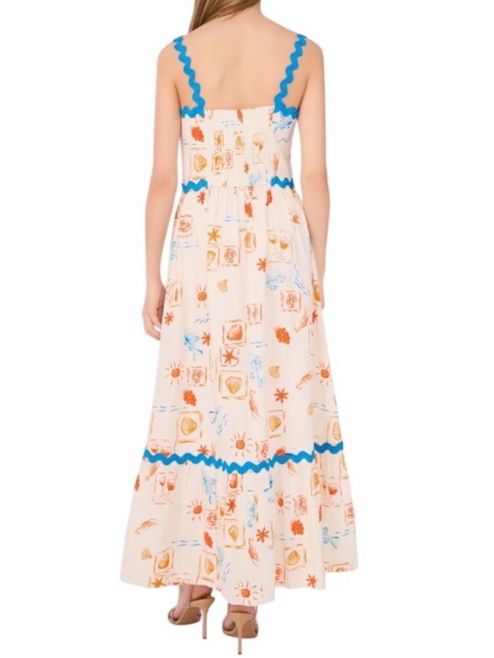 CeCe Cream Maxi Dress with Blue Trim and Orange Print Detail - Picture 2 of 10